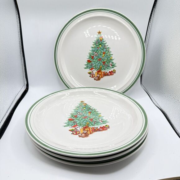 4 Vintage Christmas Tree Coffee Plate 10” Anchor Hocking Stoneware Holiday Magic - Picture 2 of 7